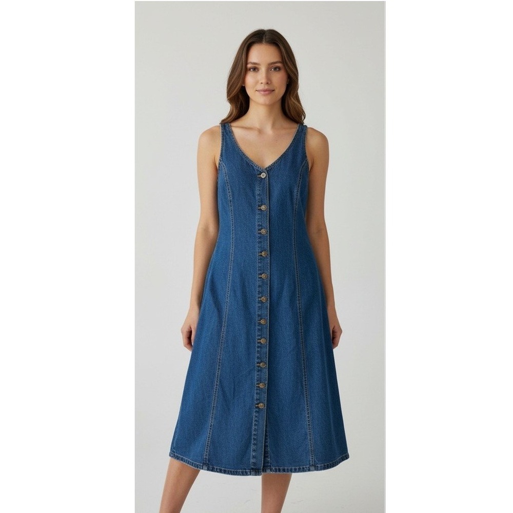 Stone River Classics Blue Denim Button Down Midi Dress Womens Medium Cotton